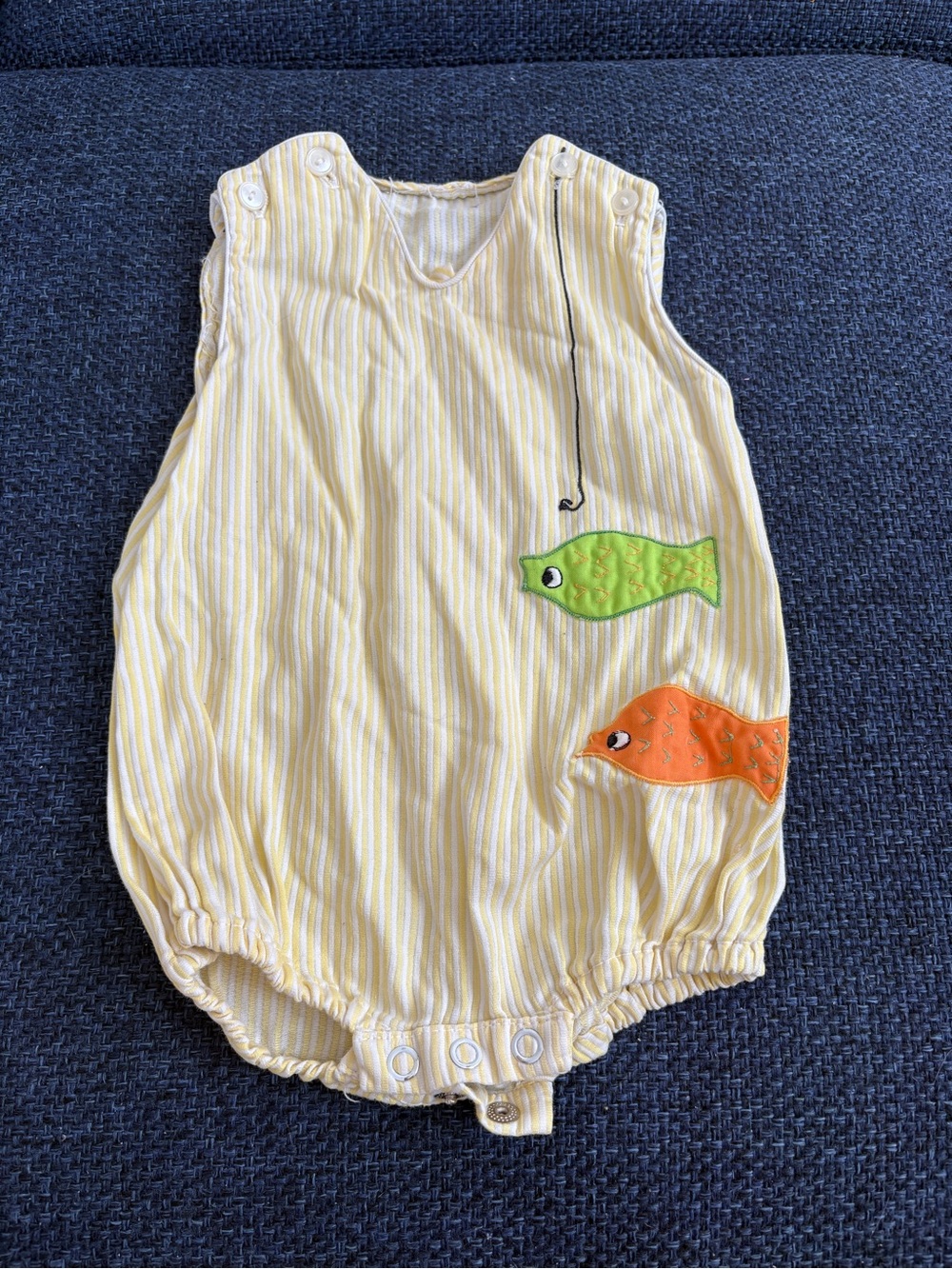 Yellow Striped Baby Romper with Fish Appliqué
